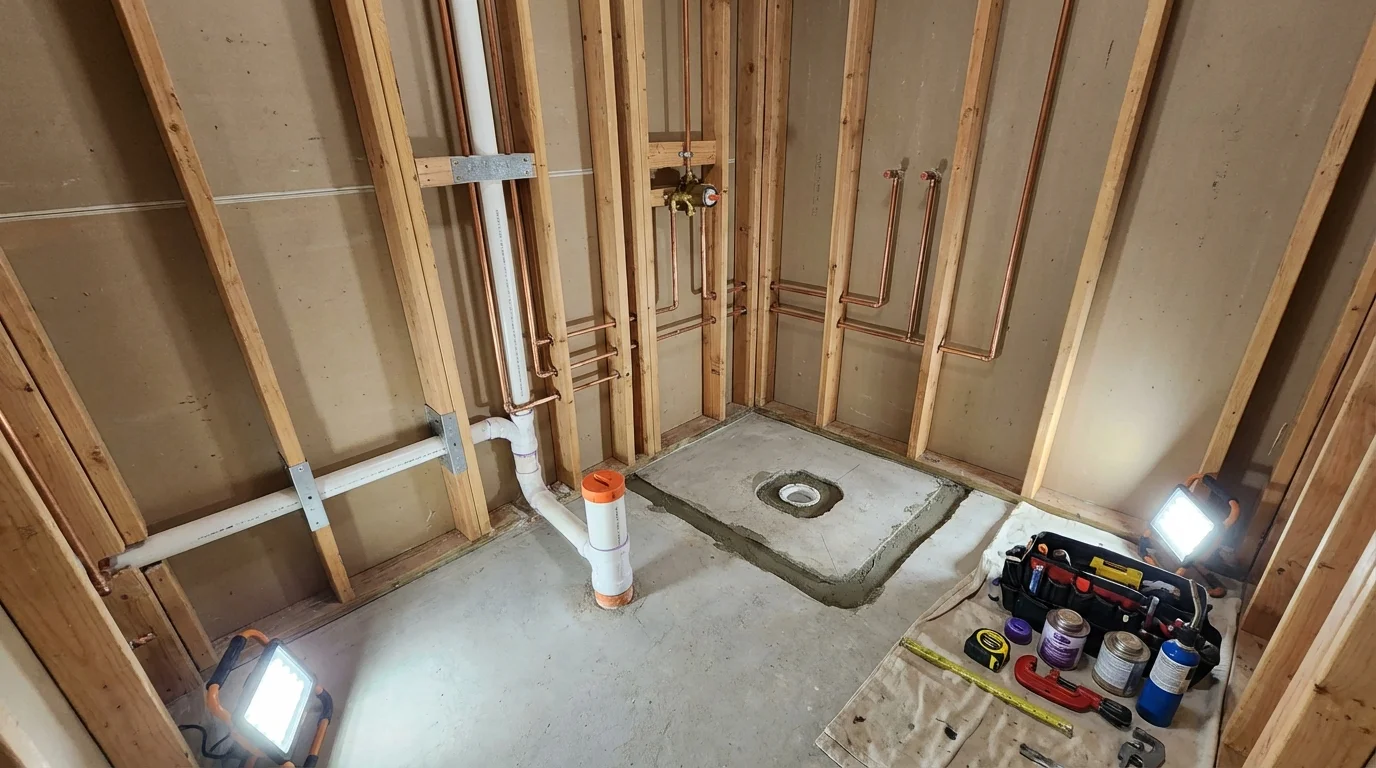 Bathroom rough-in plumbing during remodel by Johns Plumbing LLC in East Haven