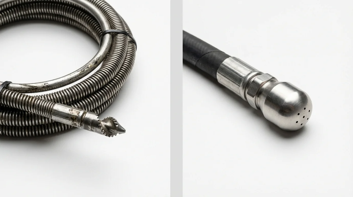 Drain snake cable and hydro jetting nozzle used for drain cleaning in East Haven, CT
