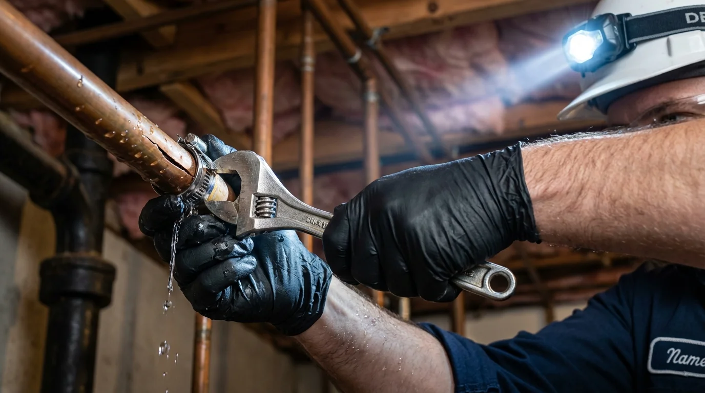Emergency pipe clamp repair being performed by a Johns Plumbing LLC plumber in East Haven