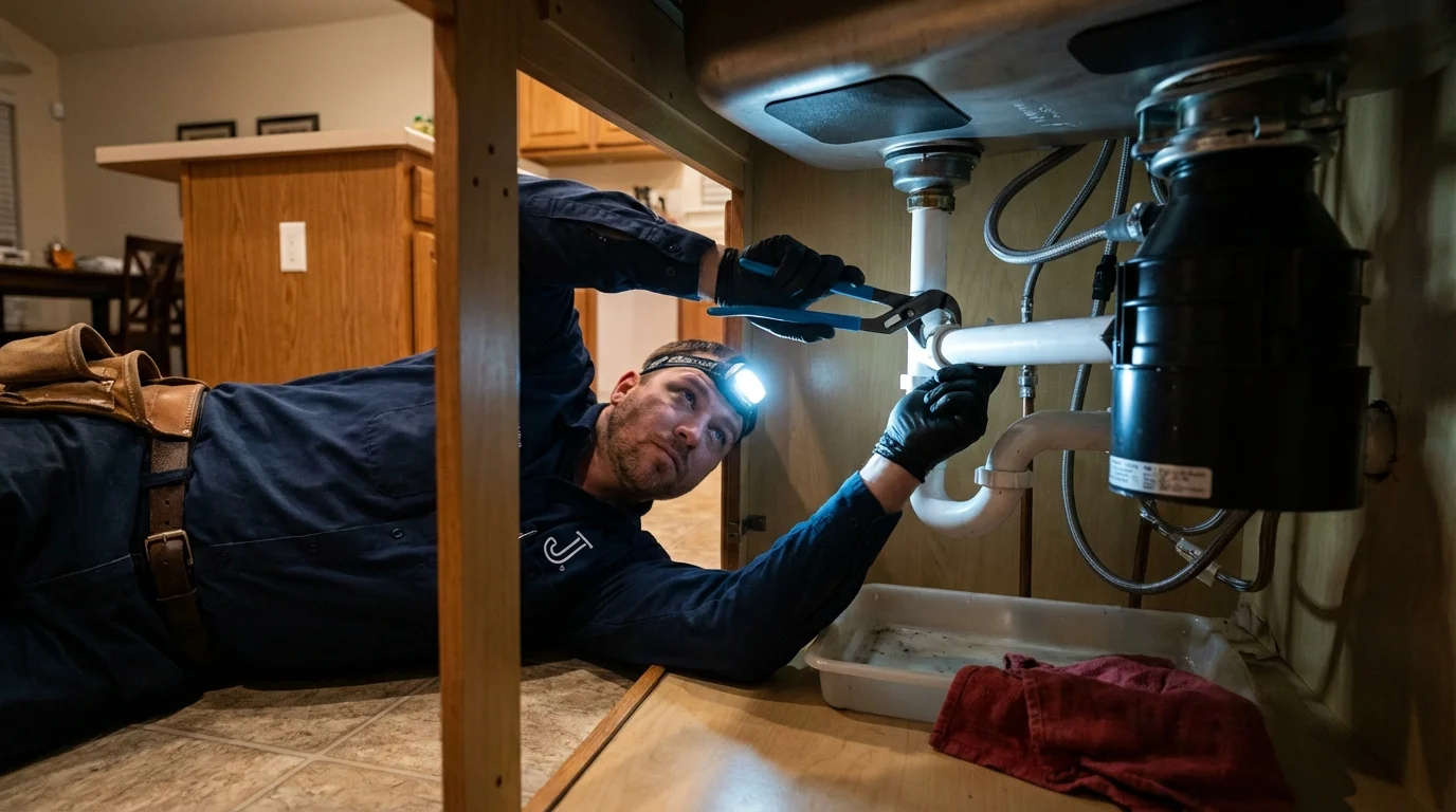 P-trap and supply line connections under a kitchen sink showing a common leak point in East Haven, CT